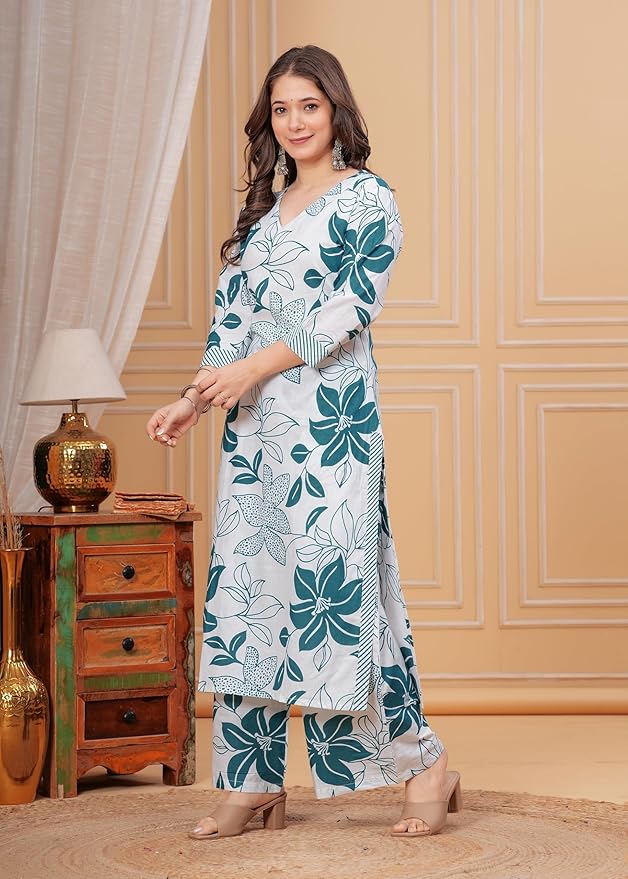 MEERA FAB Women's Rayon Straight Printed Kurta with Pant