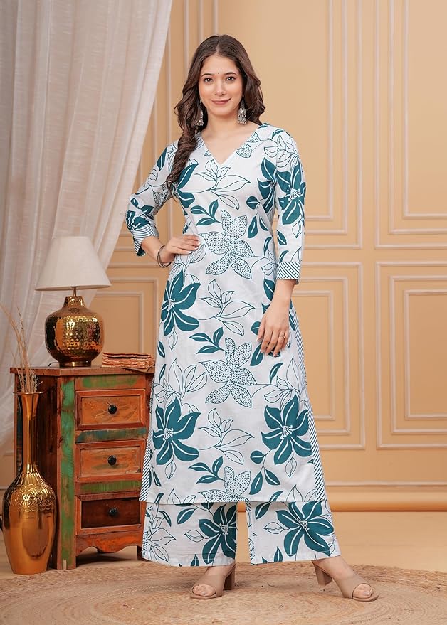 MEERA FAB Women's Rayon Straight Printed Kurta with Pant