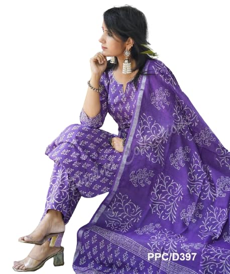 MEERA FAB Women's Cotton Printed Straight Kurta with Palazzo & Dupatta Set