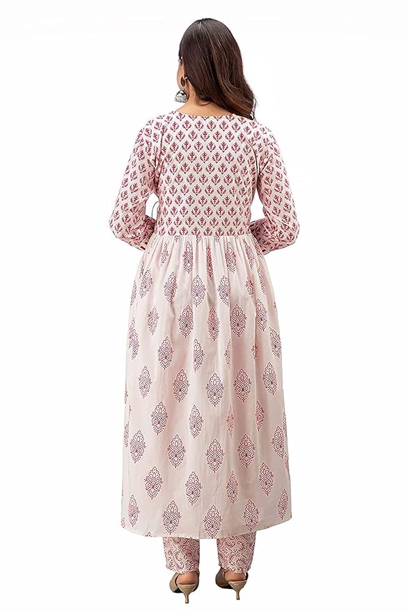 MEERA FAB Women's Cotton Printed White Anarkali Kurta with Palazzo & Dupatta Set