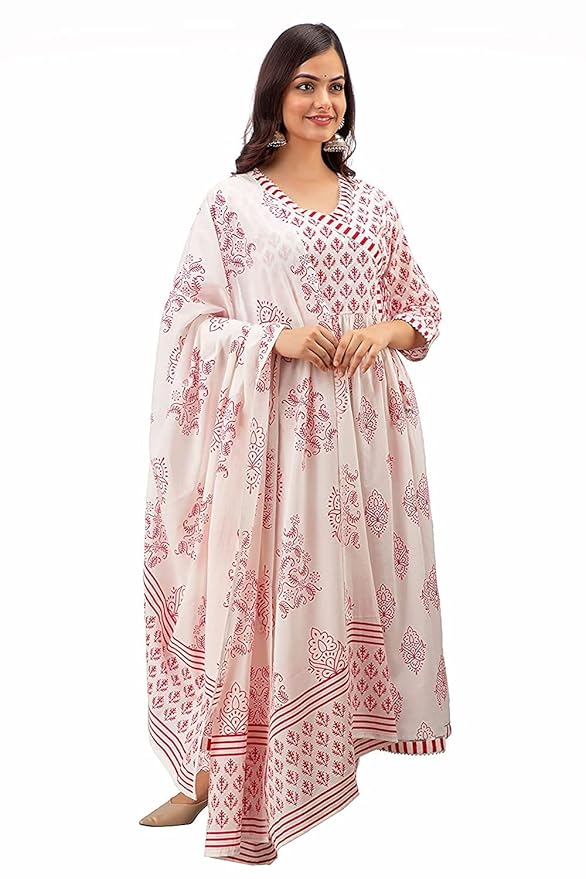 MEERA FAB Women's Cotton Printed White Anarkali Kurta with Palazzo & Dupatta Set