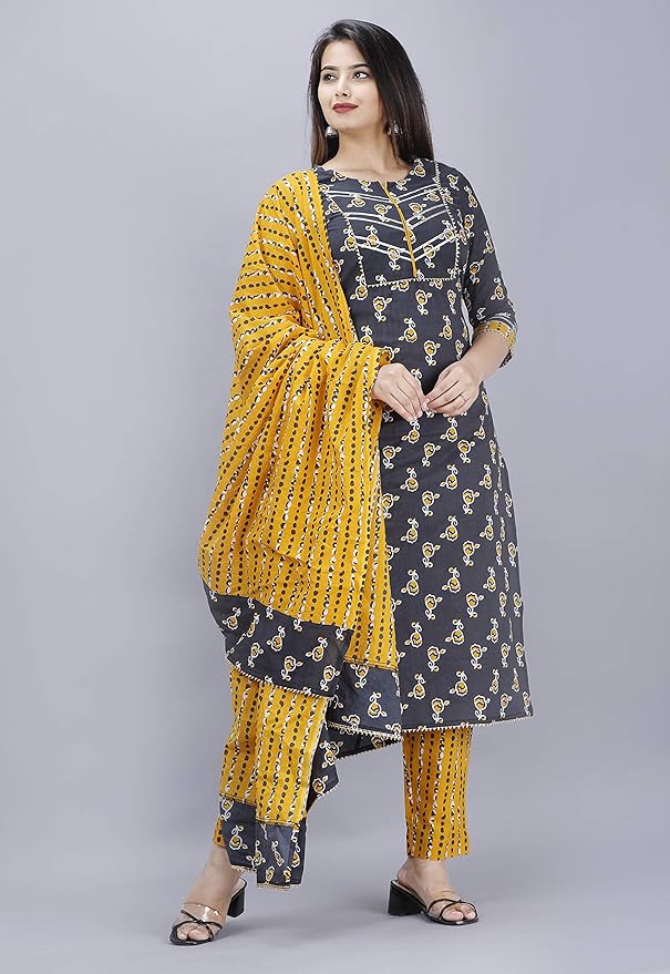 MEERA FAB Women Cotton Printed Kurta with Palazzo & Dupatta Set