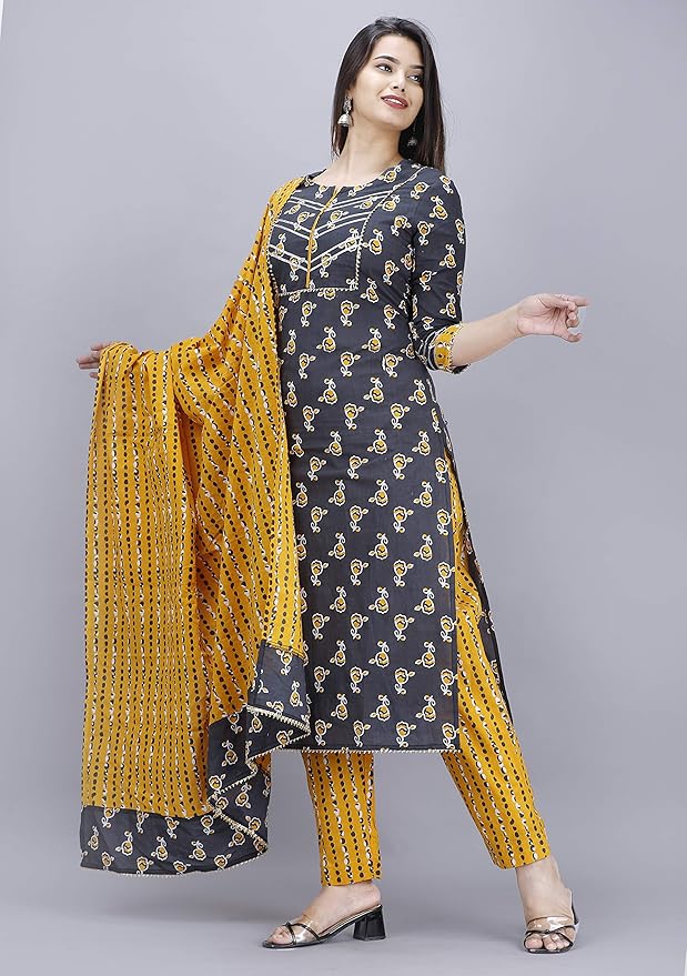 MEERA FAB Women Cotton Printed Kurta with Palazzo & Dupatta Set