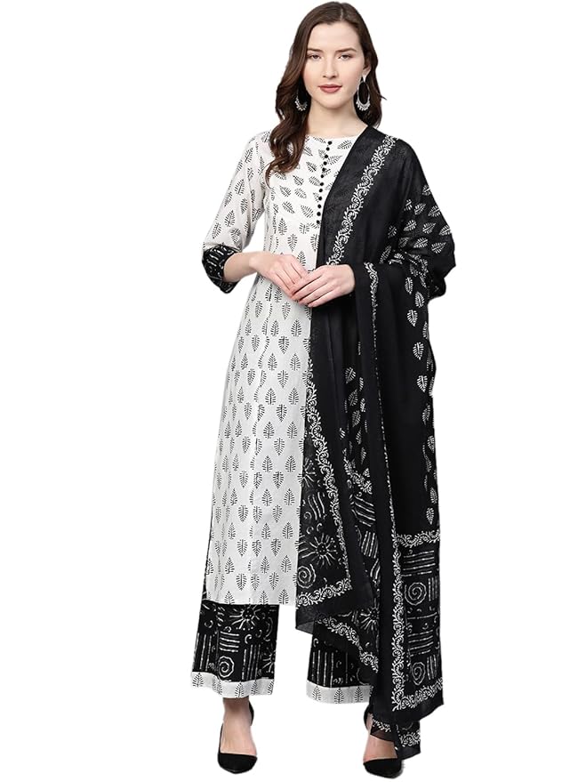 Yash Gallery Women'S Cotton Floral Printed Straight Kurta Palazzo & Dupatta Set For Women