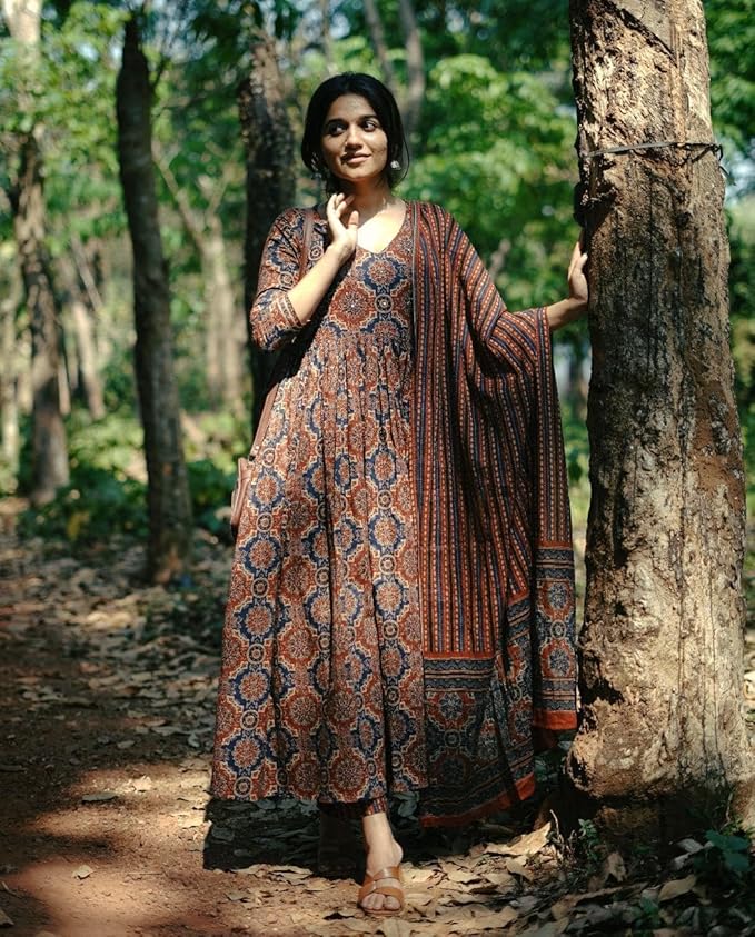 KLOSIA Women's Viscose Printed Flared A-Line Kurta With Pant And Dupatta Suit Set | Kurta Set