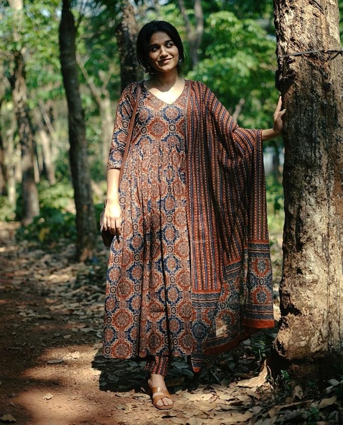 KLOSIA Women's Viscose Printed Flared A-Line Kurta With Pant And Dupatta Suit Set | Kurta Set