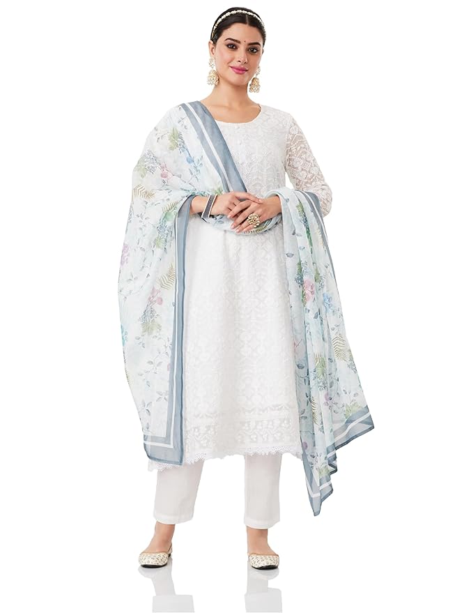 Myx Women's Organza Relaxed Chikankari A-Line Kurta Pant Set with Dupatta