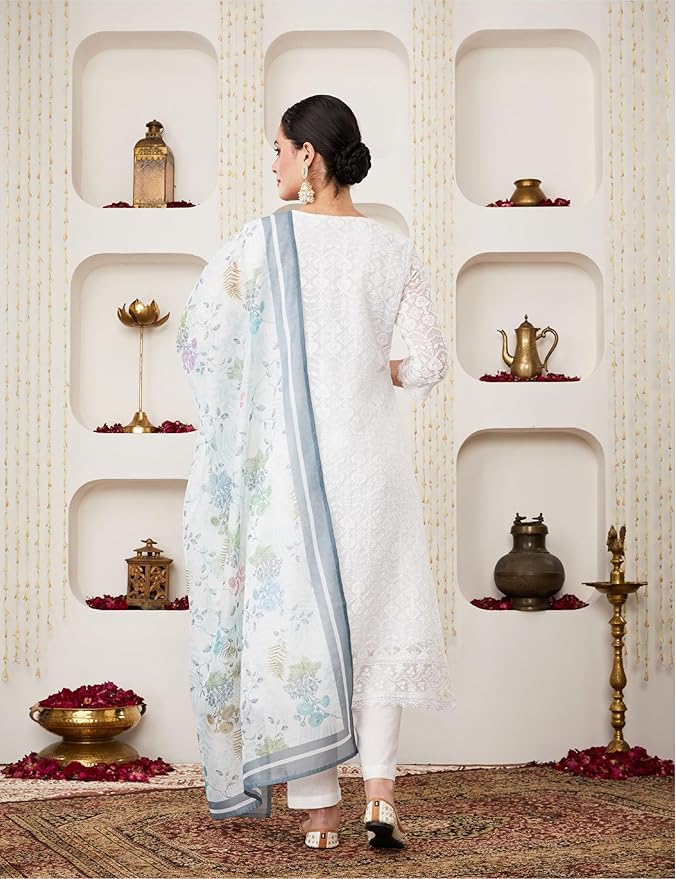 Myx Women's Organza Relaxed Chikankari A-Line Kurta Pant Set with Dupatta
