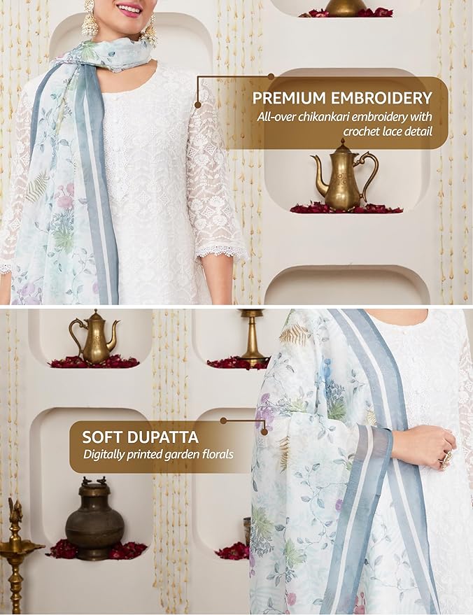 Myx Women's Organza Relaxed Chikankari A-Line Kurta Pant Set with Dupatta