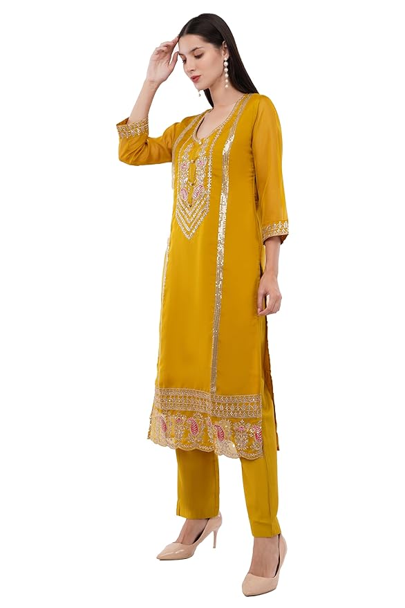 dhartii Embroidered Suit Set for Women | Soft Crepe for Seamless Comfort | 3- Piece Dress with Organza Dupatta | Festive Ethnic Wear with a Relaxed Fit |