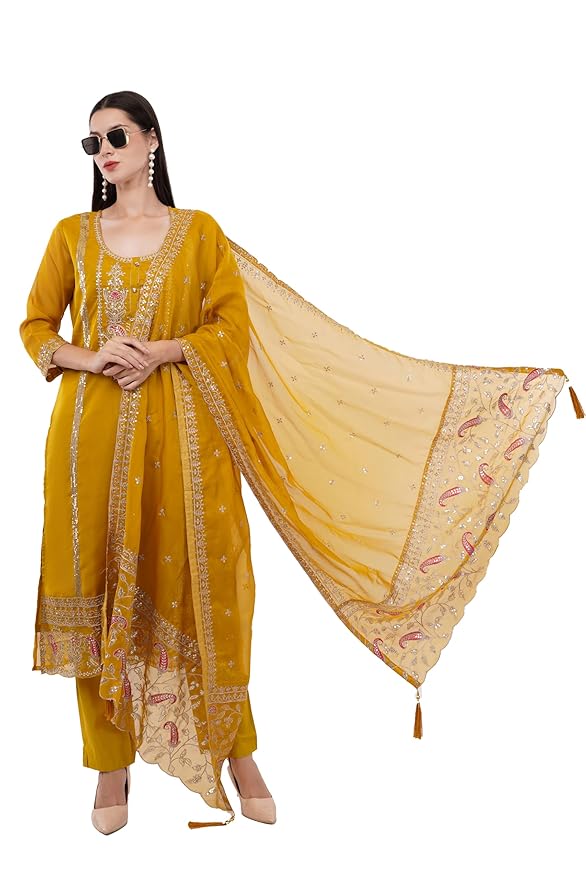 dhartii Embroidered Suit Set for Women | Soft Crepe for Seamless Comfort | 3- Piece Dress with Organza Dupatta | Festive Ethnic Wear with a Relaxed Fit |
