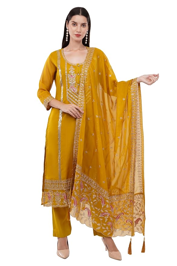 dhartii Embroidered Suit Set for Women | Soft Crepe for Seamless Comfort | 3- Piece Dress with Organza Dupatta | Festive Ethnic Wear with a Relaxed Fit |