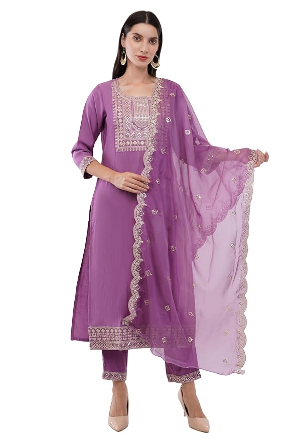 dhartii Silk Embroidery Ethnic Straight Kurta with Pant and Embroidery Dupatta- Set Of 3