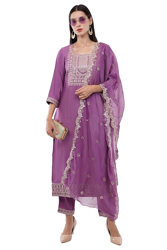 dhartii Silk Embroidery Ethnic Straight Kurta with Pant and Embroidery Dupatta- Set Of 3