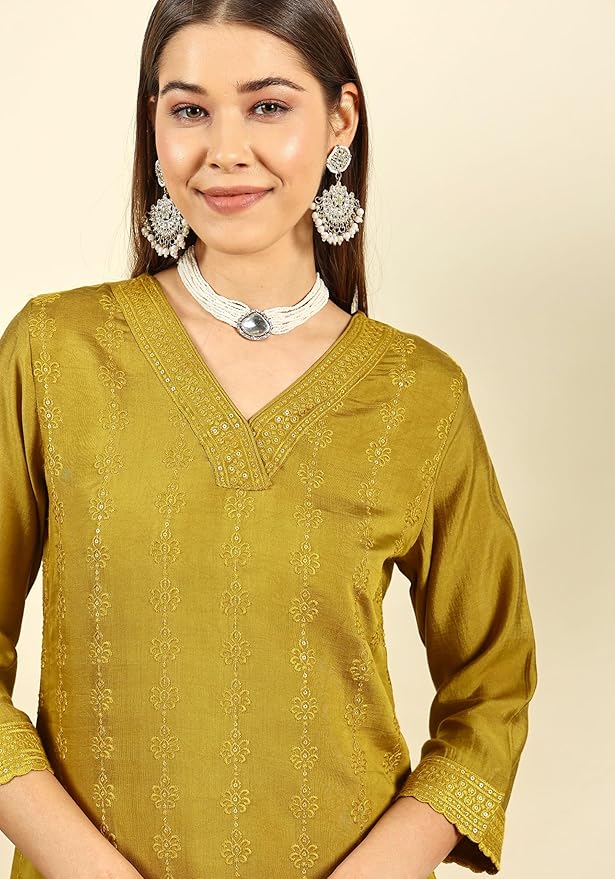 SHOPPING QUEEN Women's Silk Blend Chikankari Embroidery Kurta Set with Dupatta