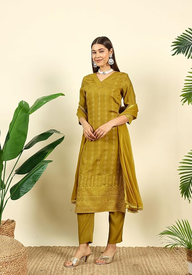 SHOPPING QUEEN Women's Silk Blend Chikankari Embroidery Kurta Set with Dupatta