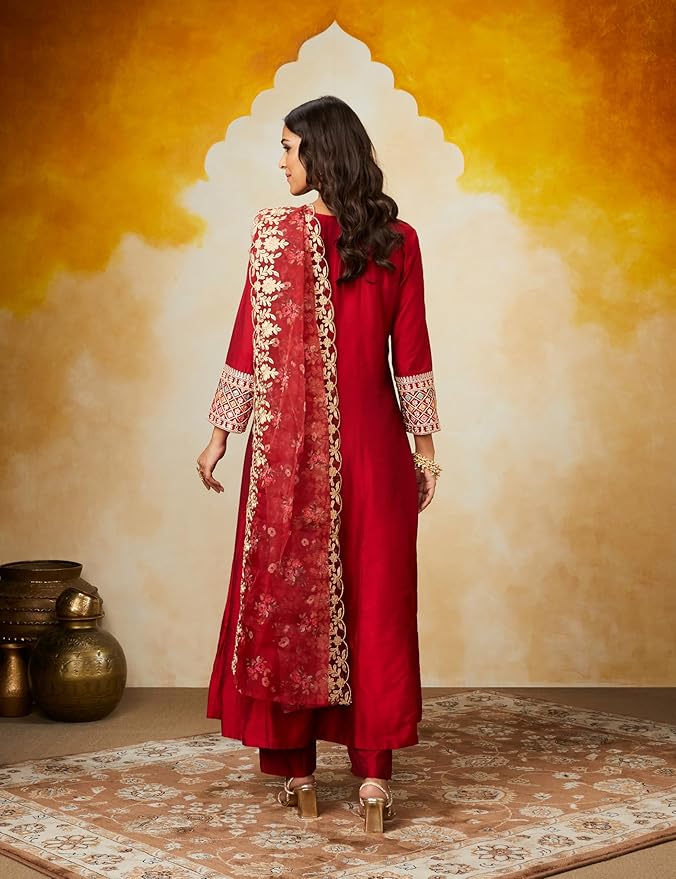 Myx Women's Embroidered Anarkali Kurta Pant Set with Organza Dupatta | Viscose,Rayon | A-line fit