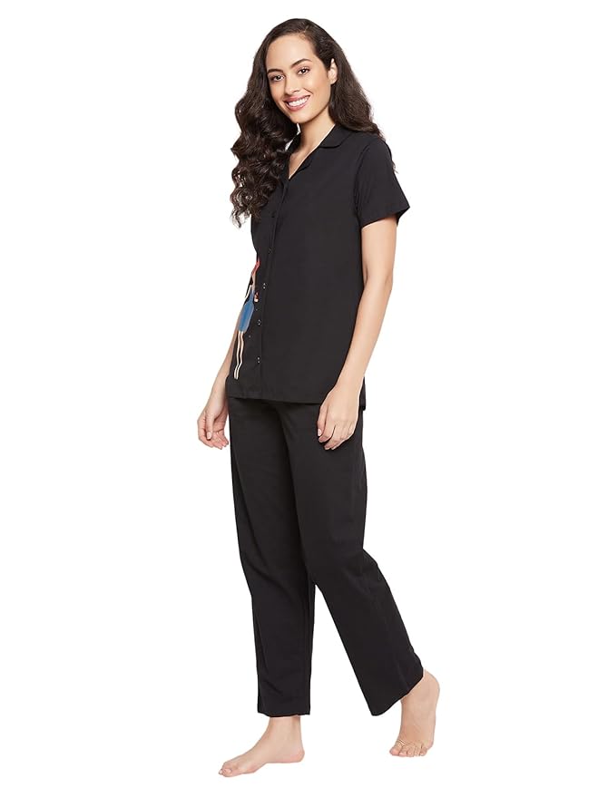 Clovia Women's Cotton Printed Button Down Shirt & Pajama Set