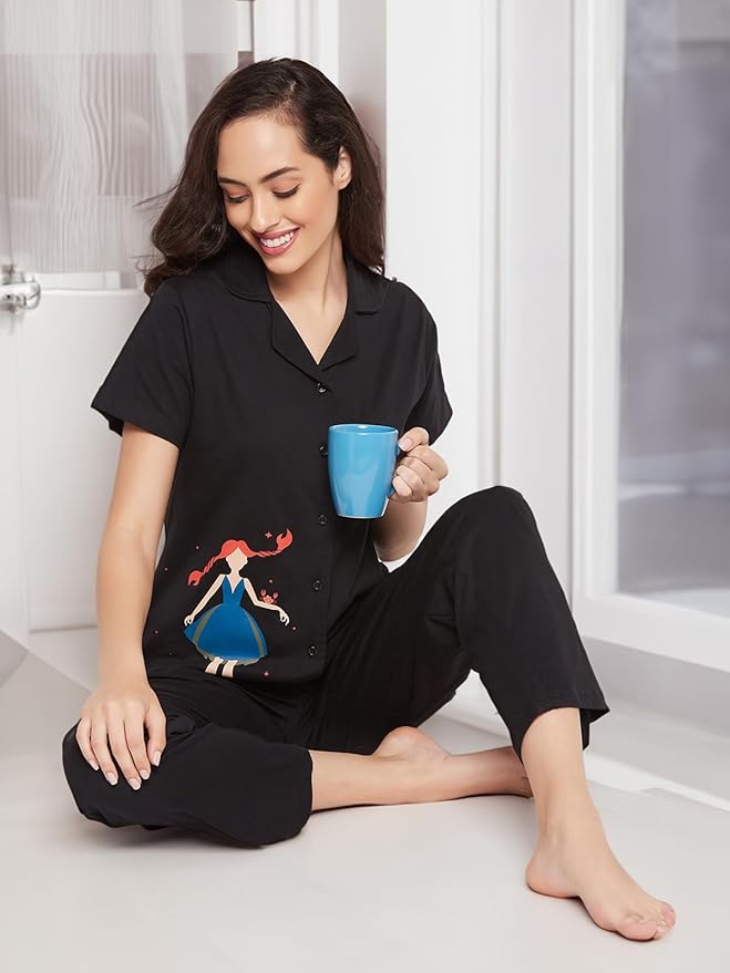 Clovia Women's Cotton Printed Button Down Shirt & Pajama Set