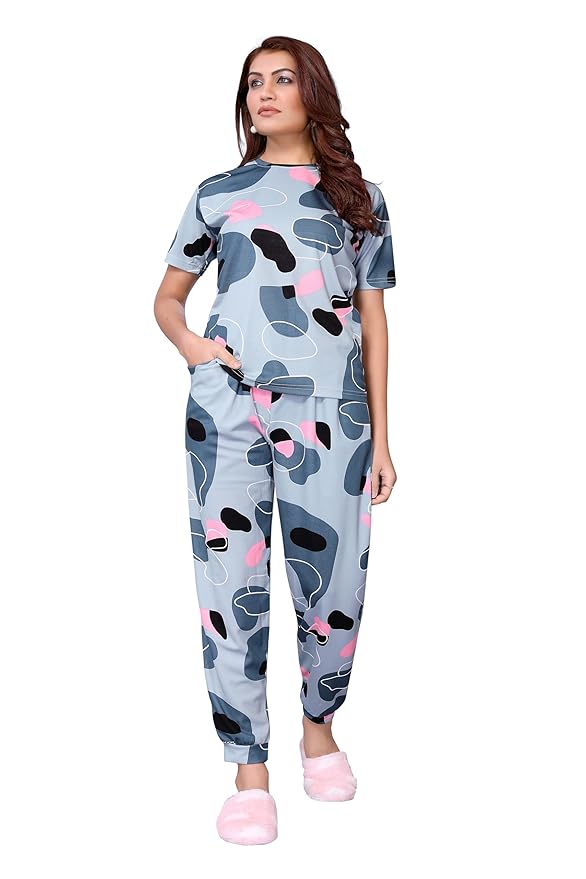 VJ Fashion Women'S Cotton Lycra Printed & Knitted Round Neck Night Wear Set Of Top And Pazama