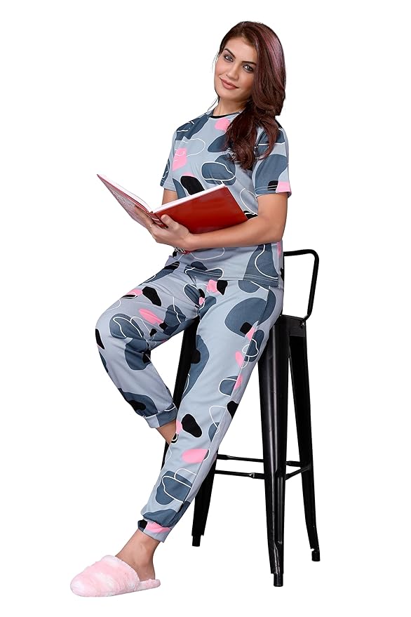 VJ Fashion Women'S Cotton Lycra Printed & Knitted Round Neck Night Wear Set Of Top And Pazama