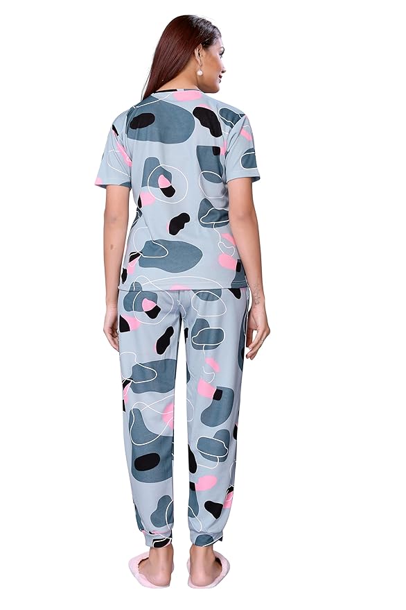 VJ Fashion Women'S Cotton Lycra Printed & Knitted Round Neck Night Wear Set Of Top And Pazama