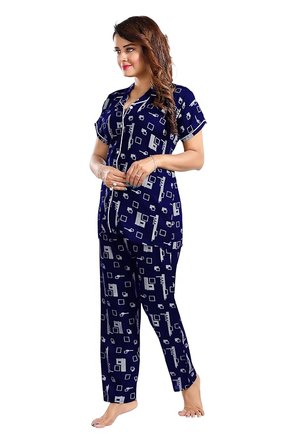 YAZIA Women's Cotton Heart/Box/Zigzag Printed Night Suit Set of Shirt and Pyjama H_P BLK