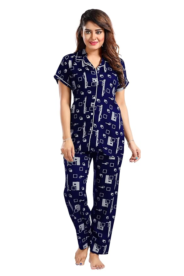 YAZIA Women's Cotton Heart/Box/Zigzag Printed Night Suit Set of Shirt and Pyjama H_P BLK