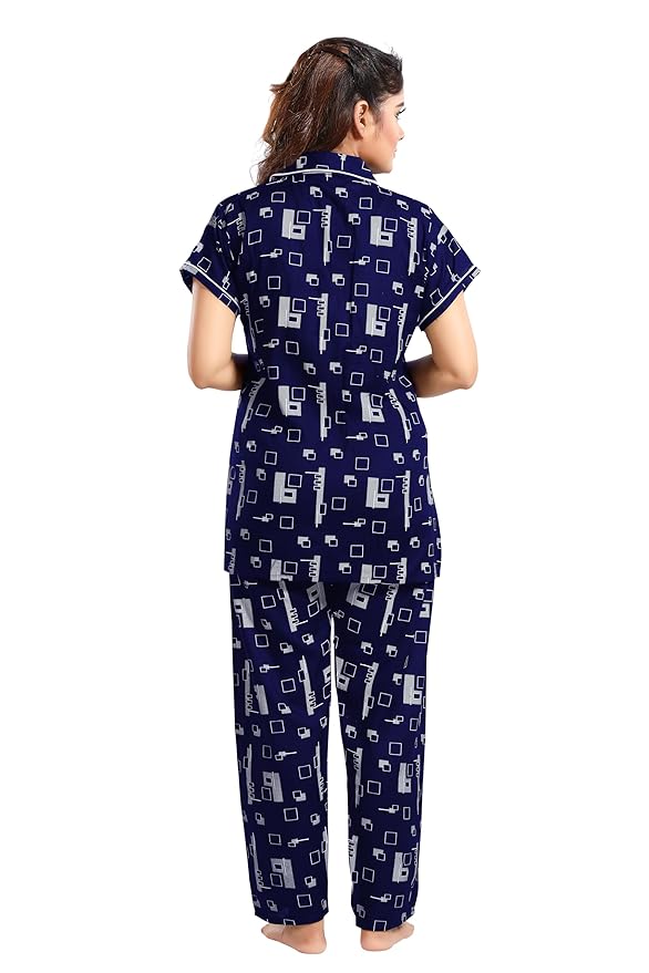 YAZIA Women's Cotton Heart/Box/Zigzag Printed Night Suit Set of Shirt and Pyjama H_P BLK