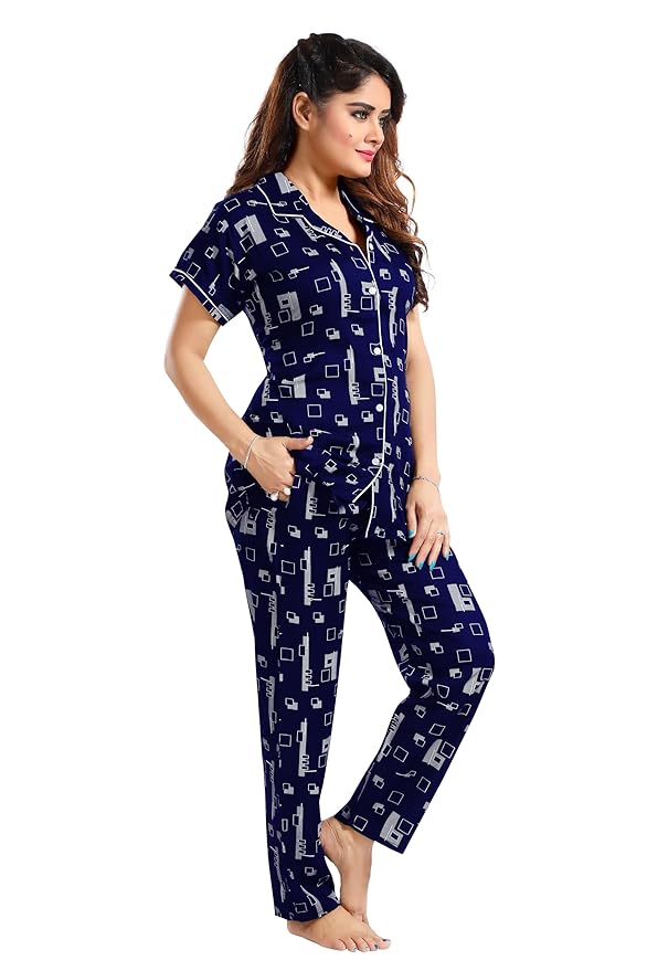 YAZIA Women's Cotton Heart/Box/Zigzag Printed Night Suit Set of Shirt and Pyjama H_P BLK