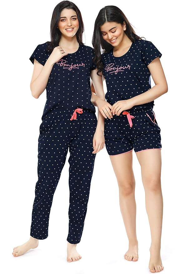 ZEYO Women's Cotton 3Pc'S Heart Printed Night Suit Pajama Set 5357