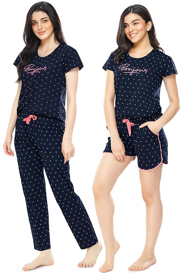 ZEYO Women's Cotton 3Pc'S Heart Printed Night Suit Pajama Set 5357