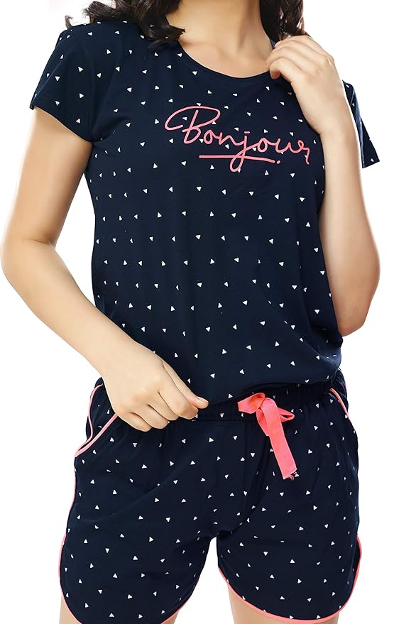 ZEYO Women's Cotton 3Pc'S Heart Printed Night Suit Pajama Set 5357