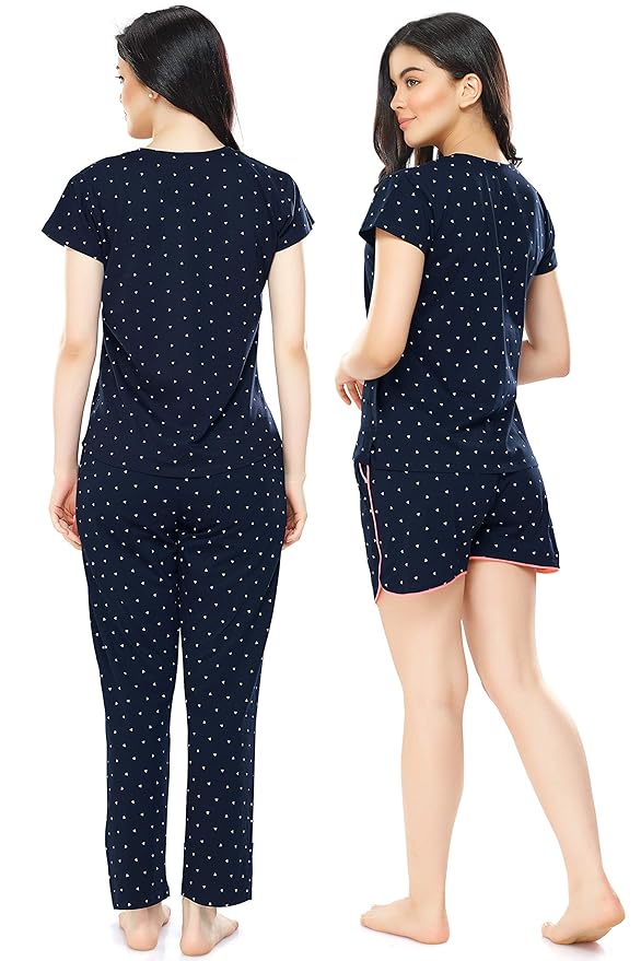 ZEYO Women's Cotton 3Pc'S Heart Printed Night Suit Pajama Set 5357