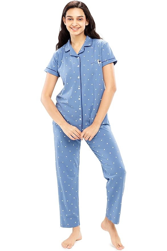 ZEYO Women's Cotton Heart Printed Stylish Night suit set of Shirt & Pajama Set 5612