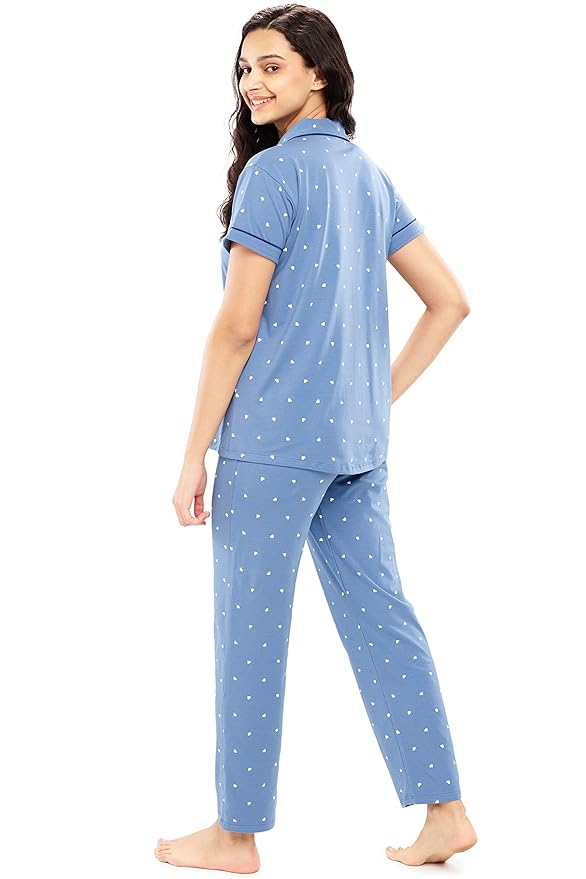 ZEYO Women's Cotton Heart Printed Stylish Night suit set of Shirt & Pajama Set 5612