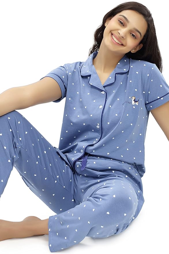 ZEYO Women's Cotton Heart Printed Stylish Night suit set of Shirt & Pajama Set 5612