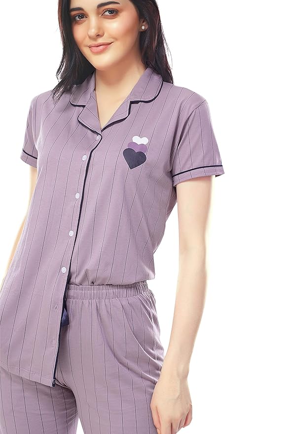 ZEYO Women's Cotton Strip Printed Night Suit Set of Shirt & Pyjama 5261