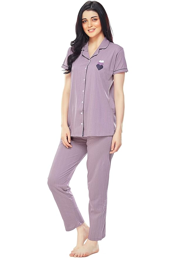 ZEYO Women's Cotton Strip Printed Night Suit Set of Shirt & Pyjama 5261
