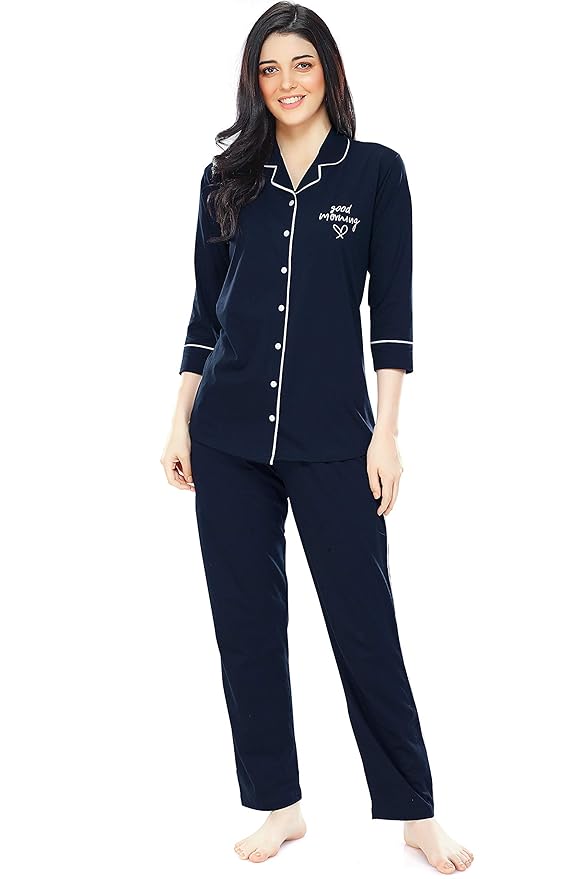 ZEYO Women's Cotton Solid Plain Relaxed Night Suit Set Of Shirt & Pyjama 5241