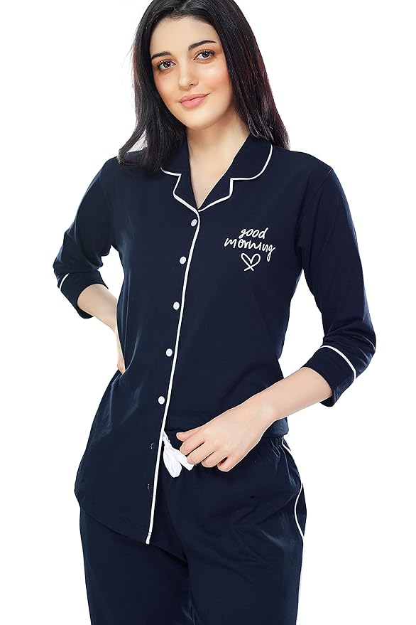ZEYO Women's Cotton Solid Plain Relaxed Night Suit Set Of Shirt & Pyjama 5241