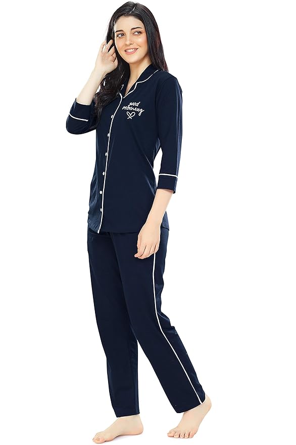 ZEYO Women's Cotton Solid Plain Relaxed Night Suit Set Of Shirt & Pyjama 5241