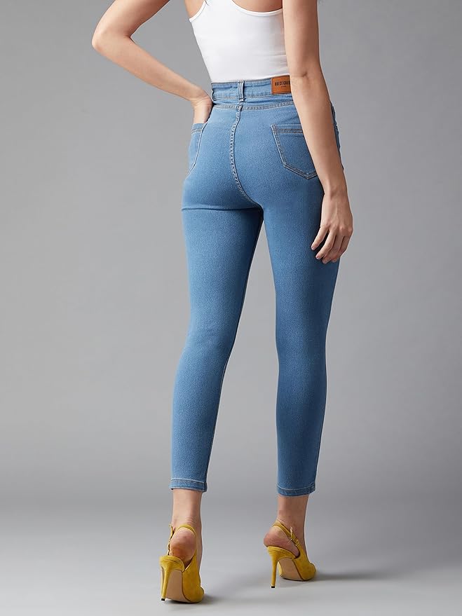 Dolce Crudo Women's Skinny High Rise Ice Wash Clean Look Cropped Solid Stretchable Denim Jeans