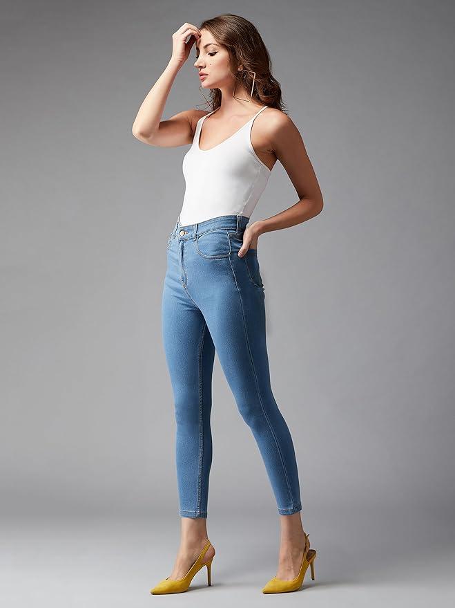 Dolce Crudo Women's Skinny High Rise Ice Wash Clean Look Cropped Solid Stretchable Denim Jeans