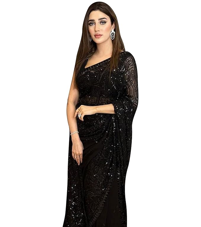 TRENDMALLS Women's Georgette Sequence Embroidery Work Saree with Blouse Piece
