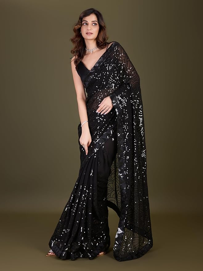 TRENDMALLS Women's Georgette Sequence Embroidery Work Saree with Blouse Piece