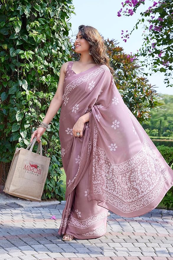 MIRCHI FASHION Women's Latest Chiffon Batik Printed Saree with Blouse Piece