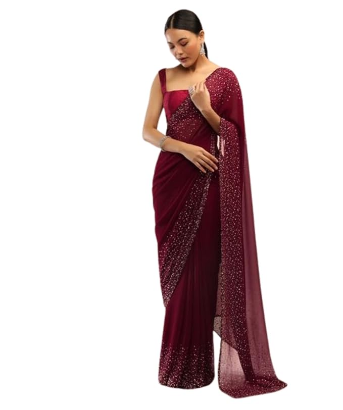 SWADESI STUFF Georgette Saree with Banglory Silk Blouse & Stunning Siroski Work Crystal Fix Embellishments - Indian Ethnic Wear for Women