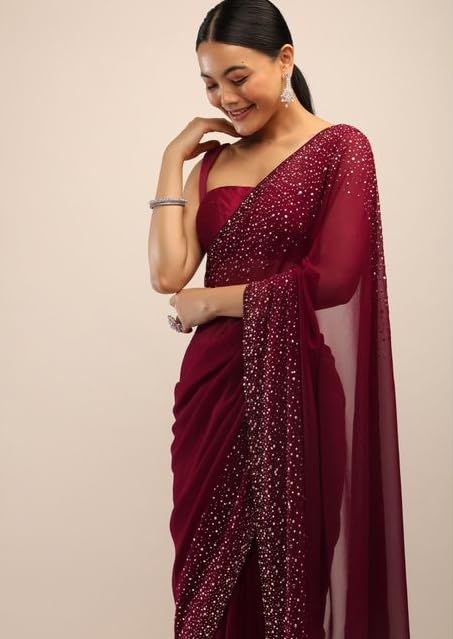 SWADESI STUFF Georgette Saree with Banglory Silk Blouse & Stunning Siroski Work Crystal Fix Embellishments - Indian Ethnic Wear for Women