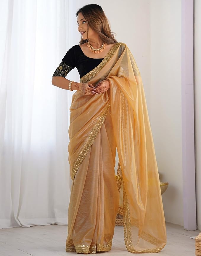 SIRIL Women's Shimmer Net Sequence Embroidery Lace Saree for With Unstitched Blouse Piece